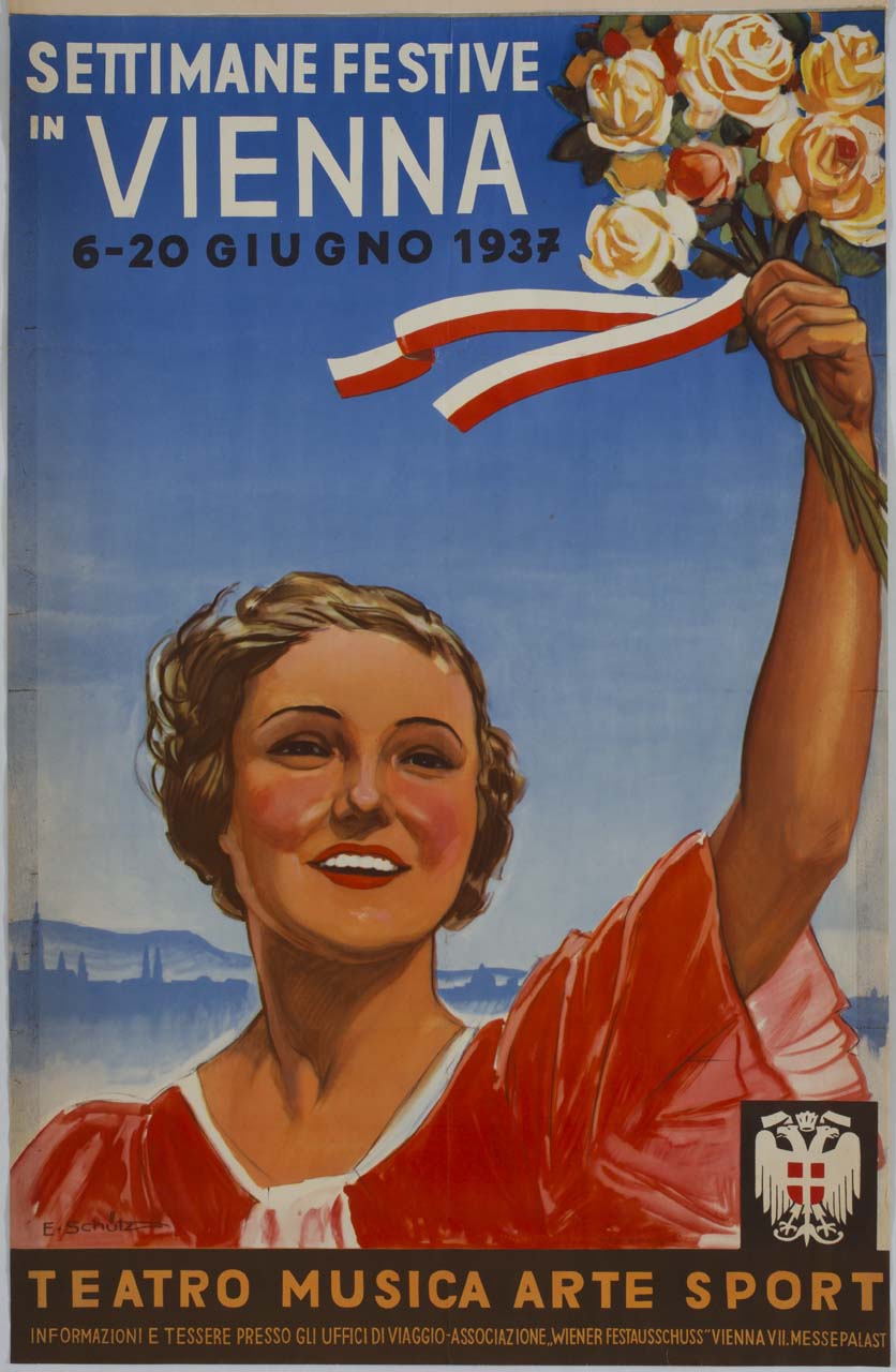 donna sorridente alza un mazzo di fiori e il nastro con i colori della città di Vienna (manifesto) di Schütz Erich (sec. XX)