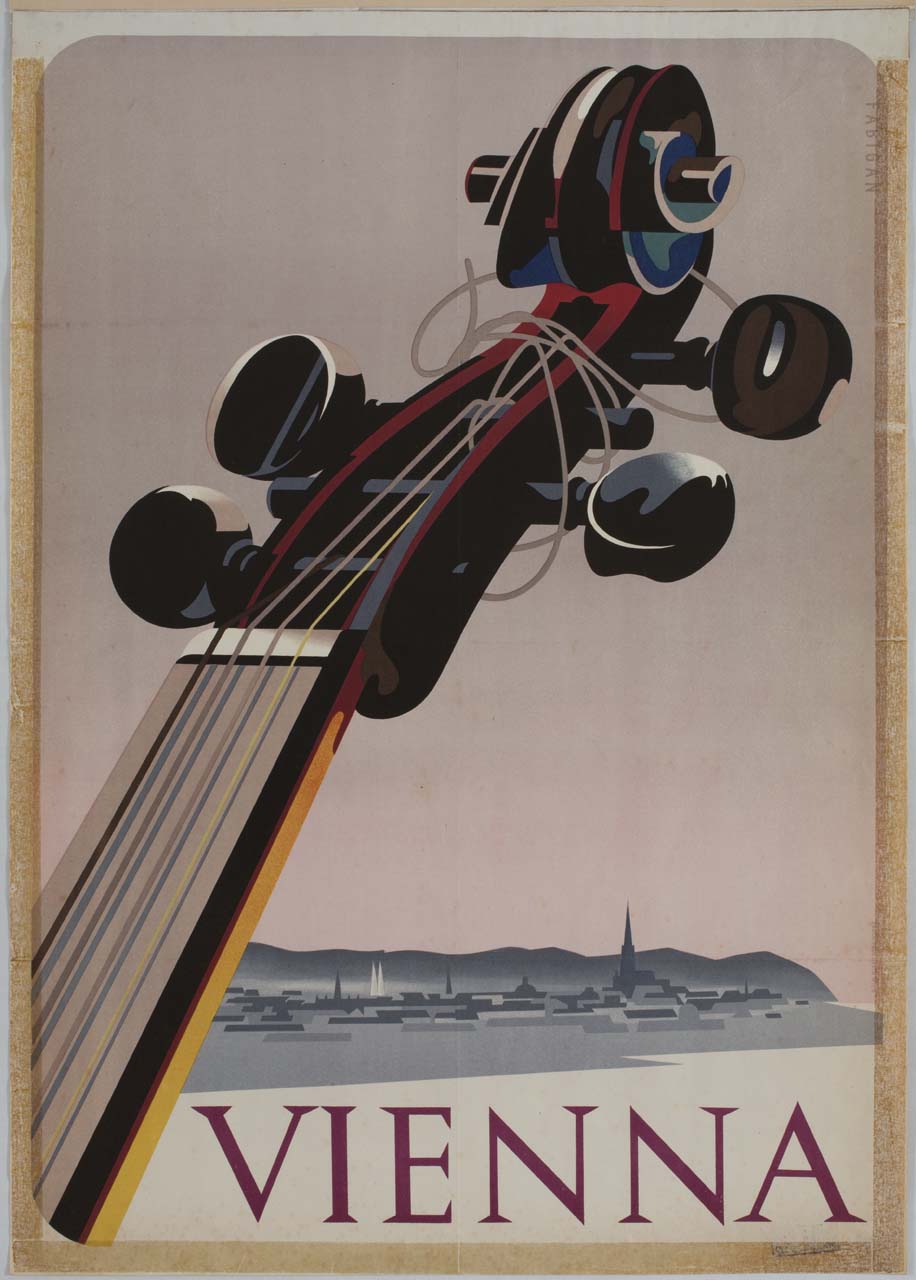 manico di strumento ad arco sullo sfondo della città di Vienna (manifesto) di Fabigan Hans (sec. XX)