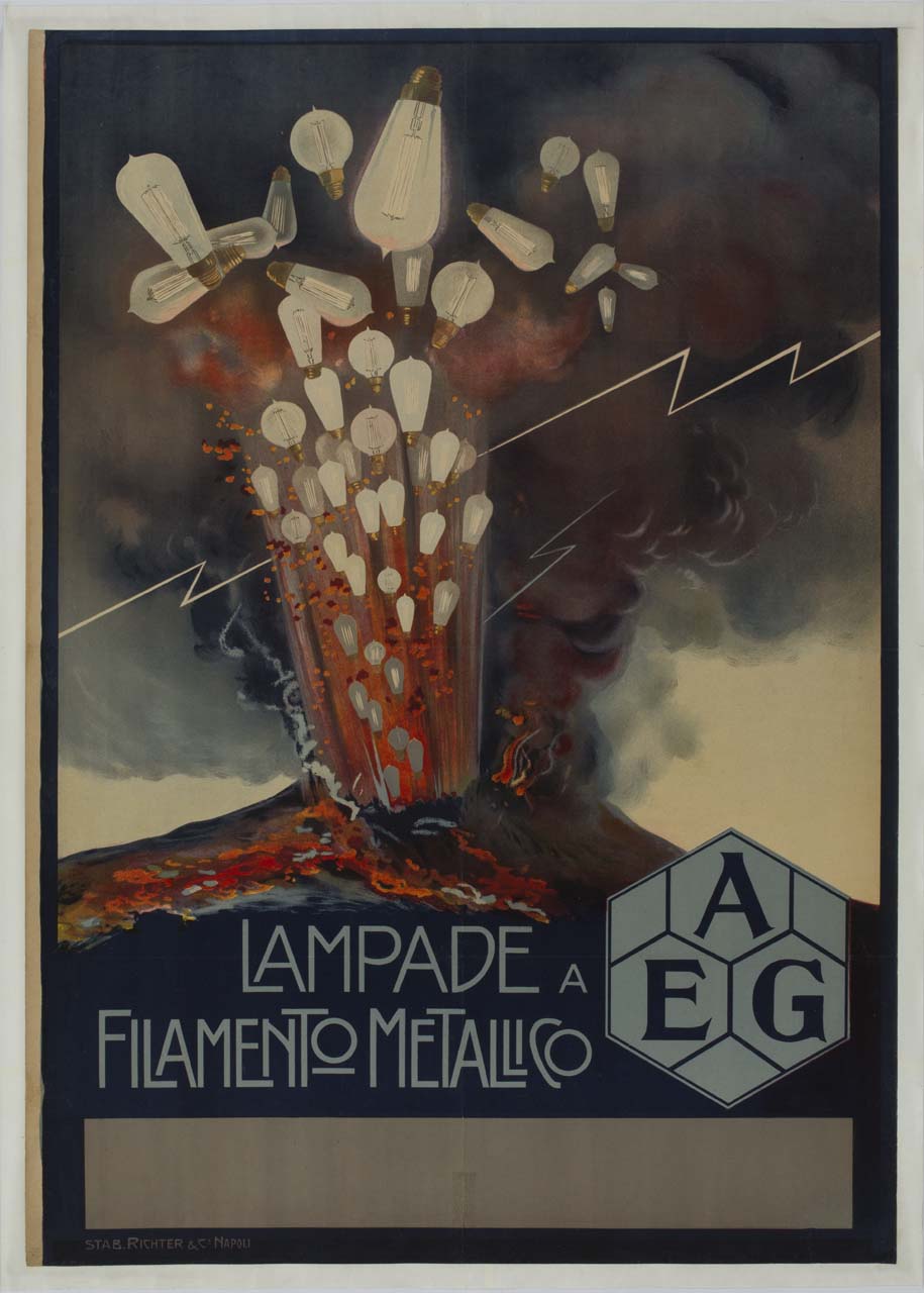 lampadine elettriche eruttate da un vulcano (manifesto) - ambito italiano (sec. XX)