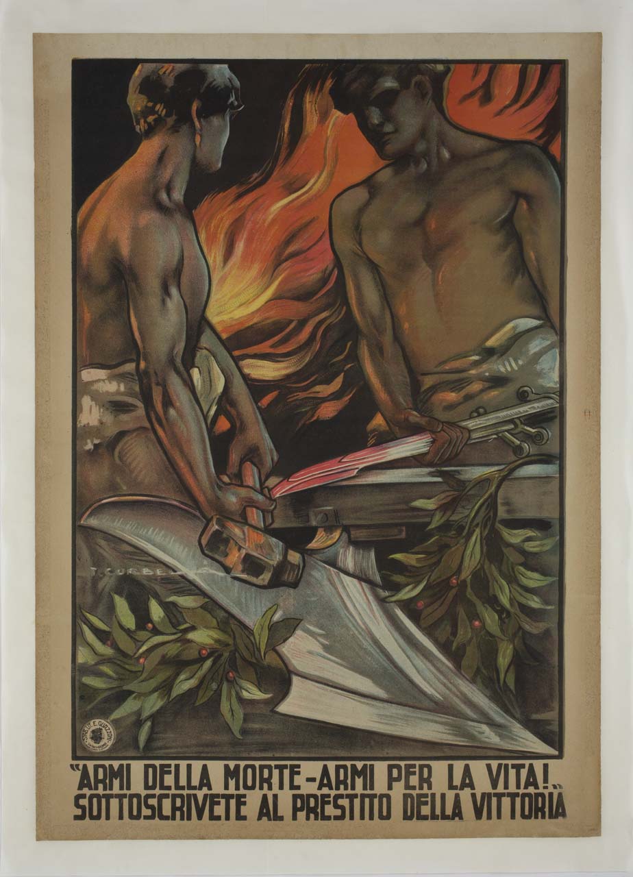 due fabbri entro una fucina forgiano una baionetta sul vomere di un aratro (manifesto) di Corbella Tito (sec. XX)