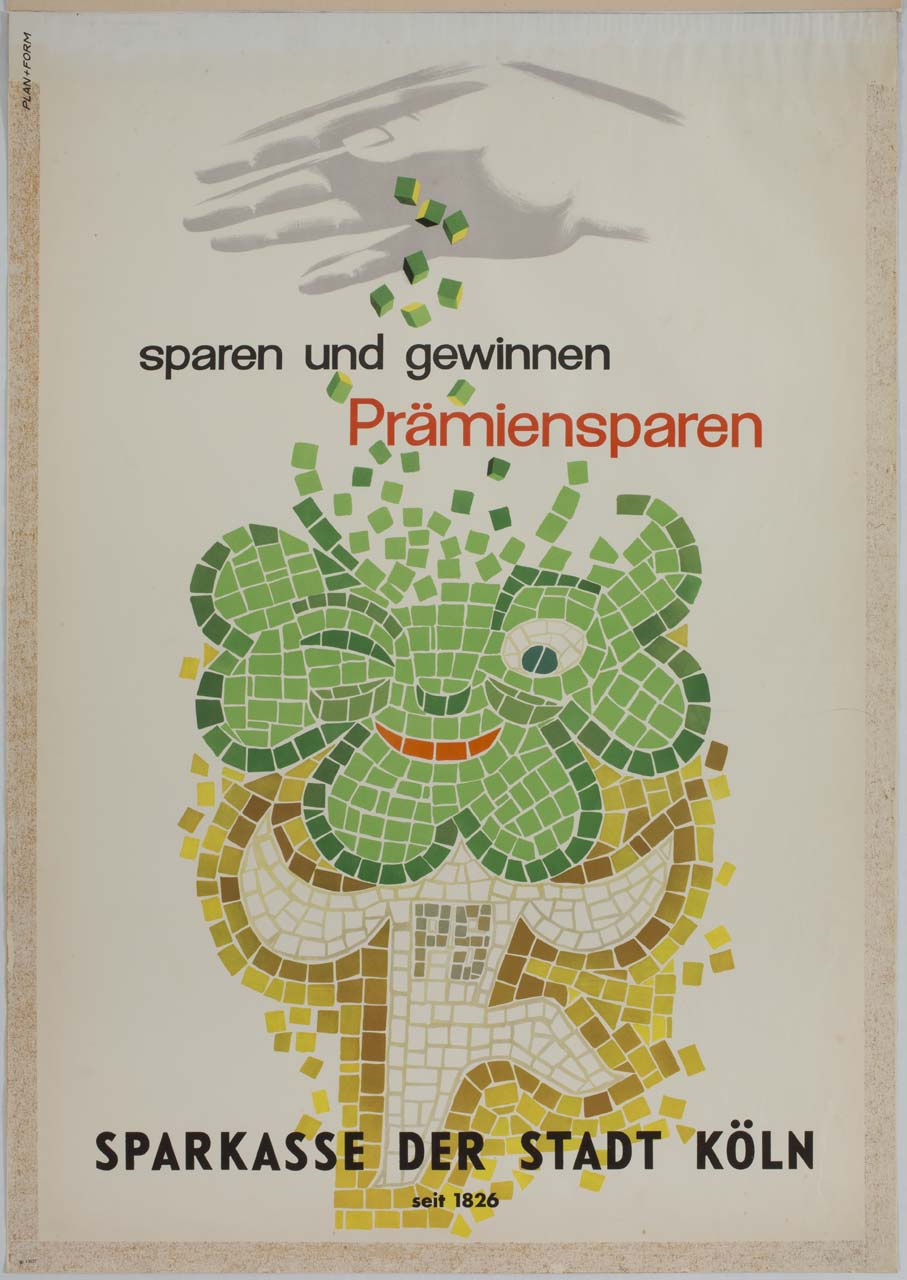 tessere sparse da una mano vanno a comporre un quadrifoglio a mosaico (manifesto) di Plan+Form - ambito tedesco (sec. XX)