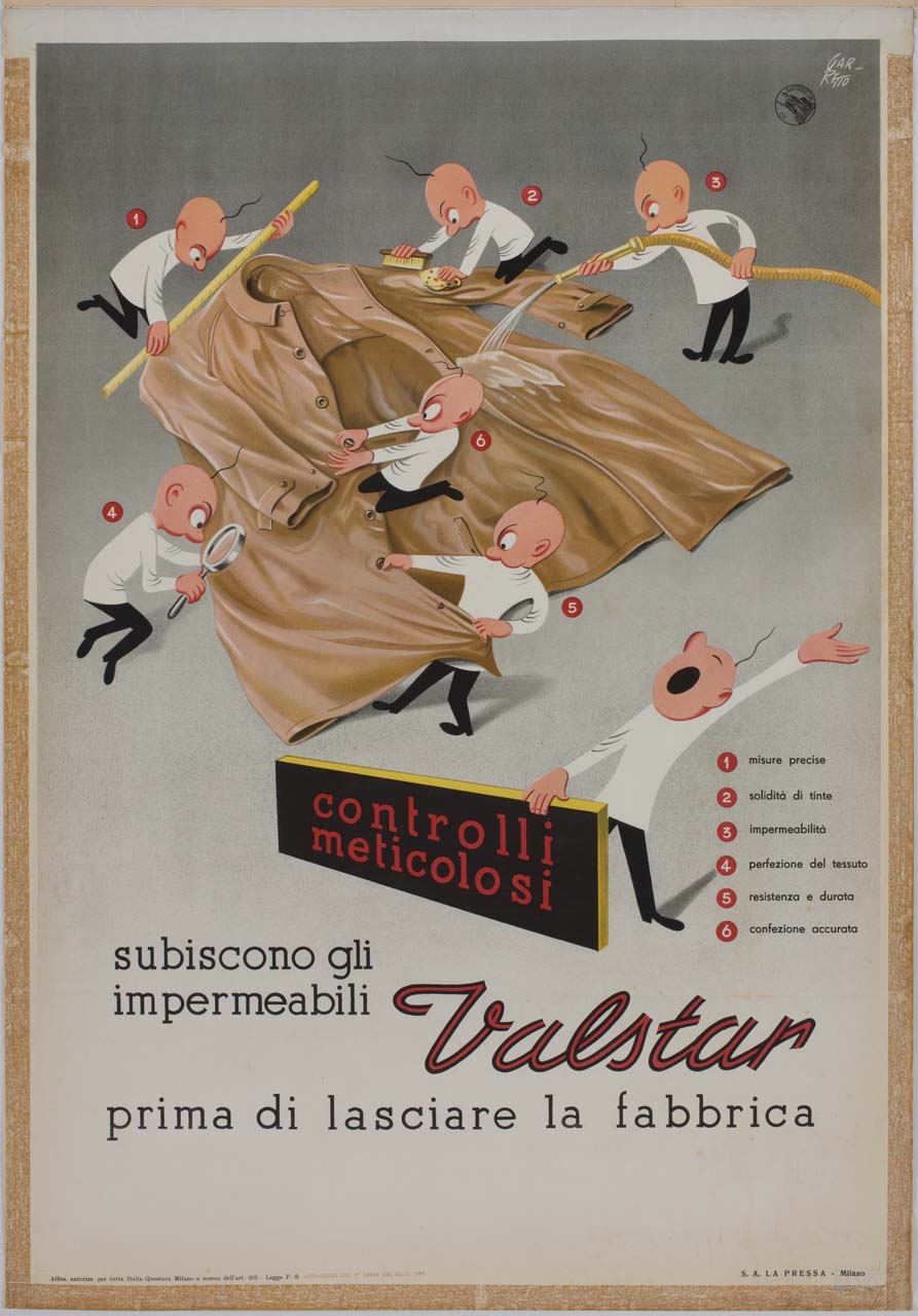 figurine maschili in camice bianco controllano un impermeabile (manifesto) di Garretto Paolo Federico (sec. XX)