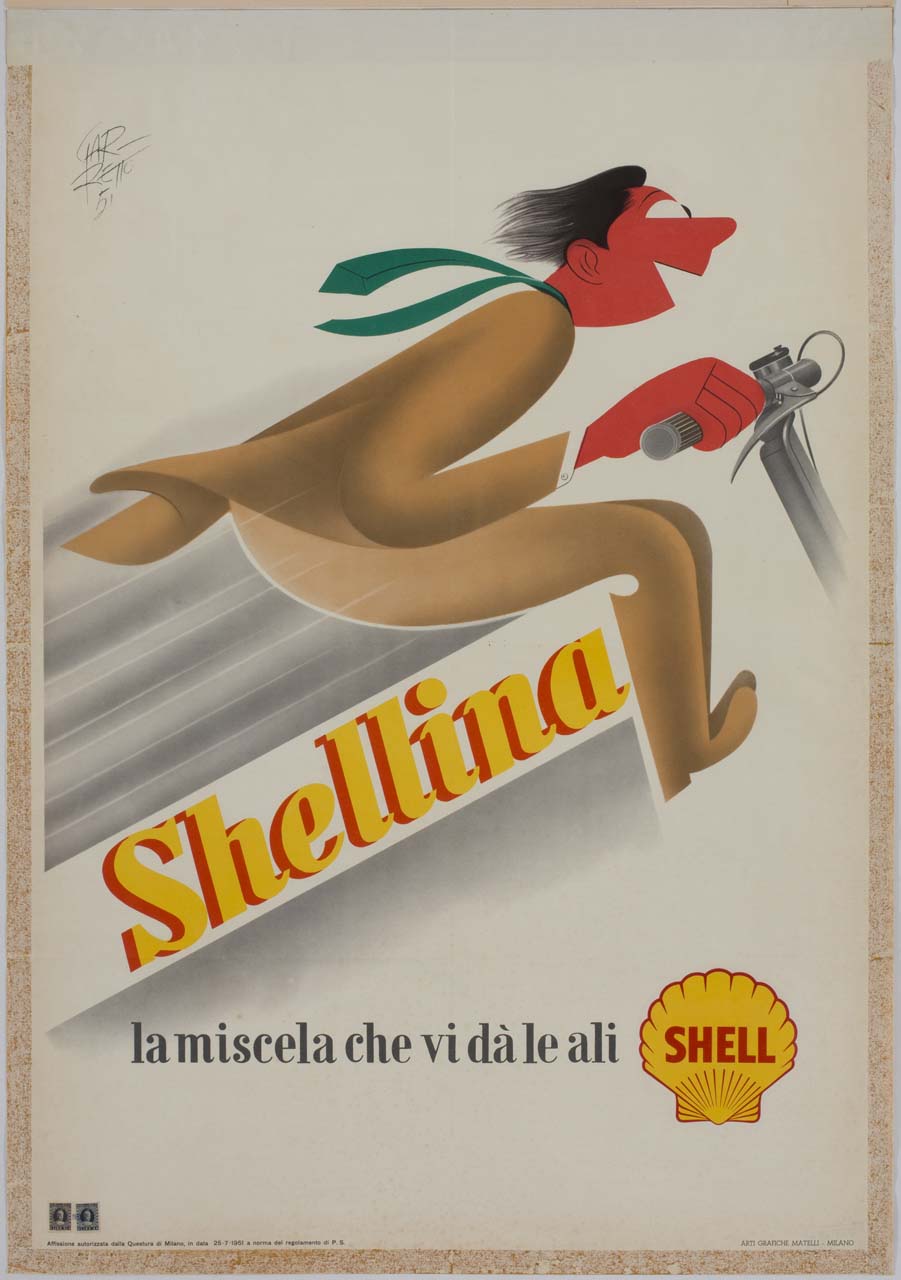 uomo in motocicletta con la cravatta al vento (manifesto) di Garretto Paolo Federico (sec. XX)