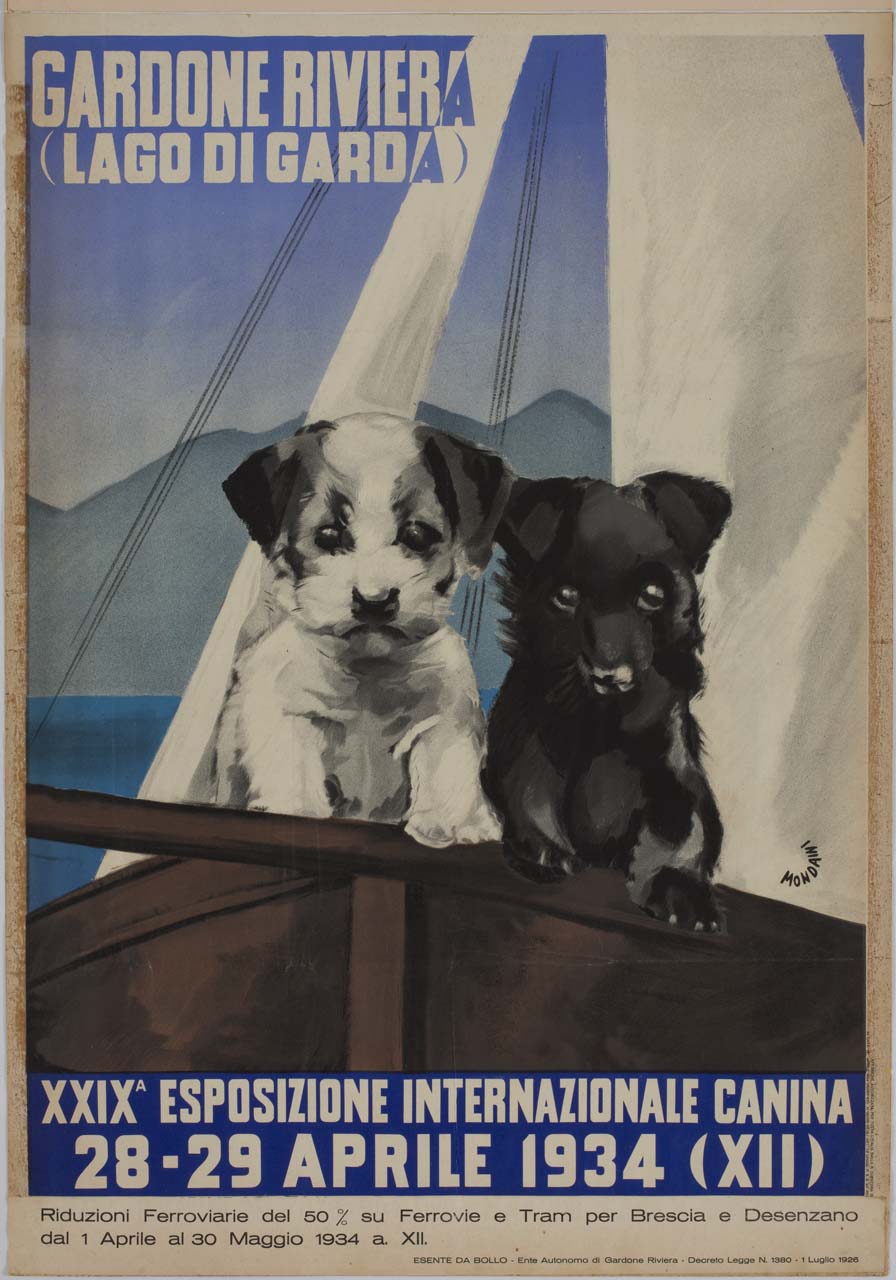 due cani a bordo di una barca a vela (manifesto) di Mondaini Giacinto (sec. XX)