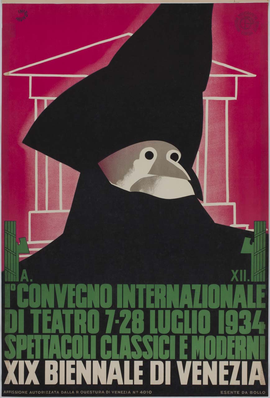 personaggio in bautta veneziana a mezzo busto sullo sfondo di un tempio stilizzato (manifesto) di Mondaini Giacinto (sec. XX)