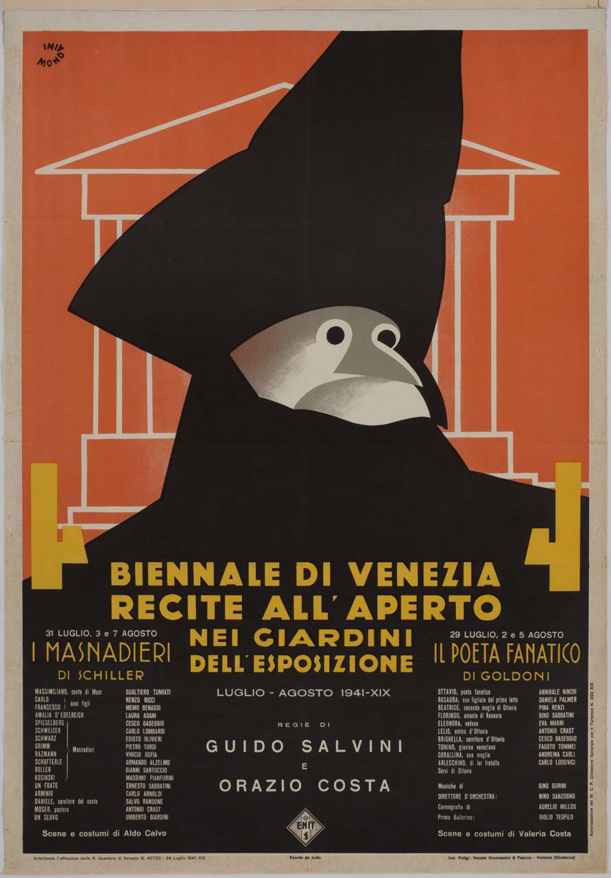 personaggio in bautta veneziana a mezzo busto sullo sfondo di un tempio stilizzato (manifesto) di Mondaini Giacinto (sec. XX)