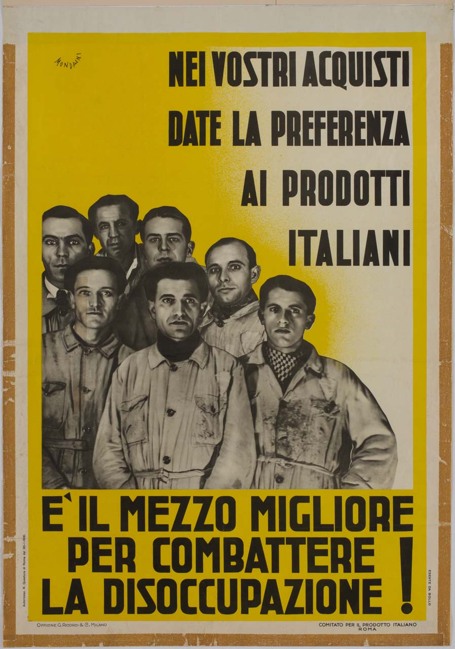 gruppo di operai in tuta da lavoro (manifesto) di Mondaini Giacinto (sec. XX)