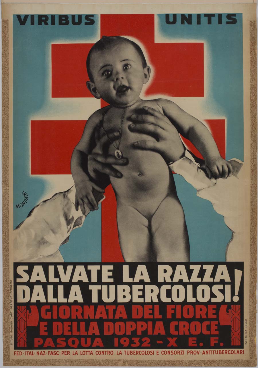 bambina nuda sollevata da due braccia sullo sfondo di una croce a doppia traversa (manifesto) di Mondaini Giacinto (sec. XX)