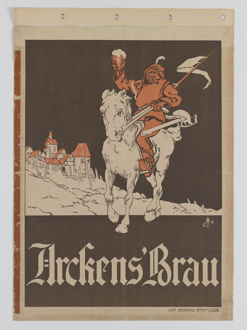 cavaliere medievale in sella a cavallo bianco tiene in mano soddisfatto boccale di birra (manifesto) - ambito belga (sec. XX)