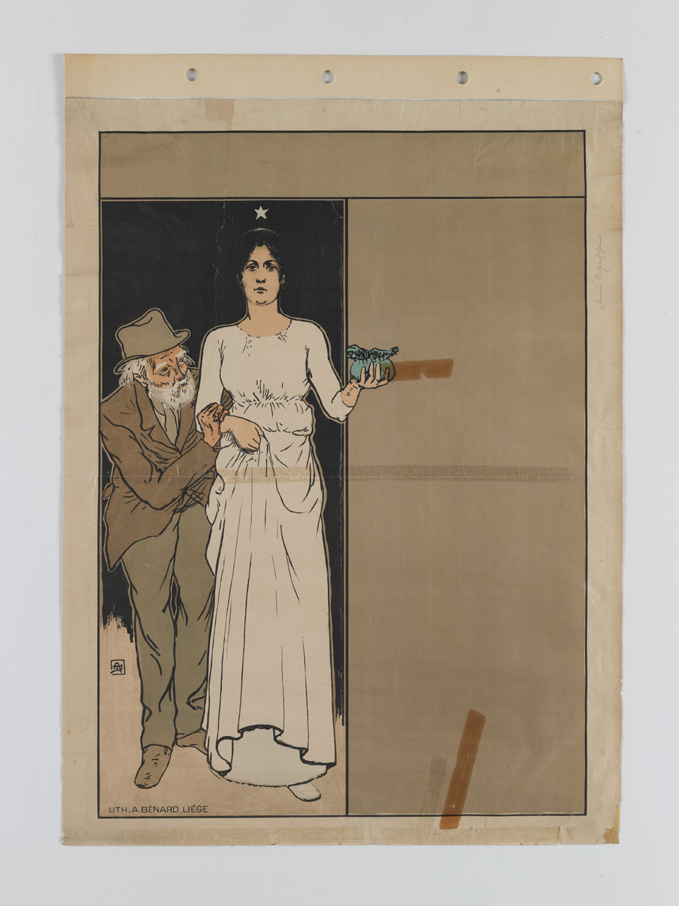 donna in abito bianco e stella sopra la testa tiene in mano un sacchetto e un vecchio si regge al suo braccio (manifesto) di Rassenfosse Armand (sec. XIX)