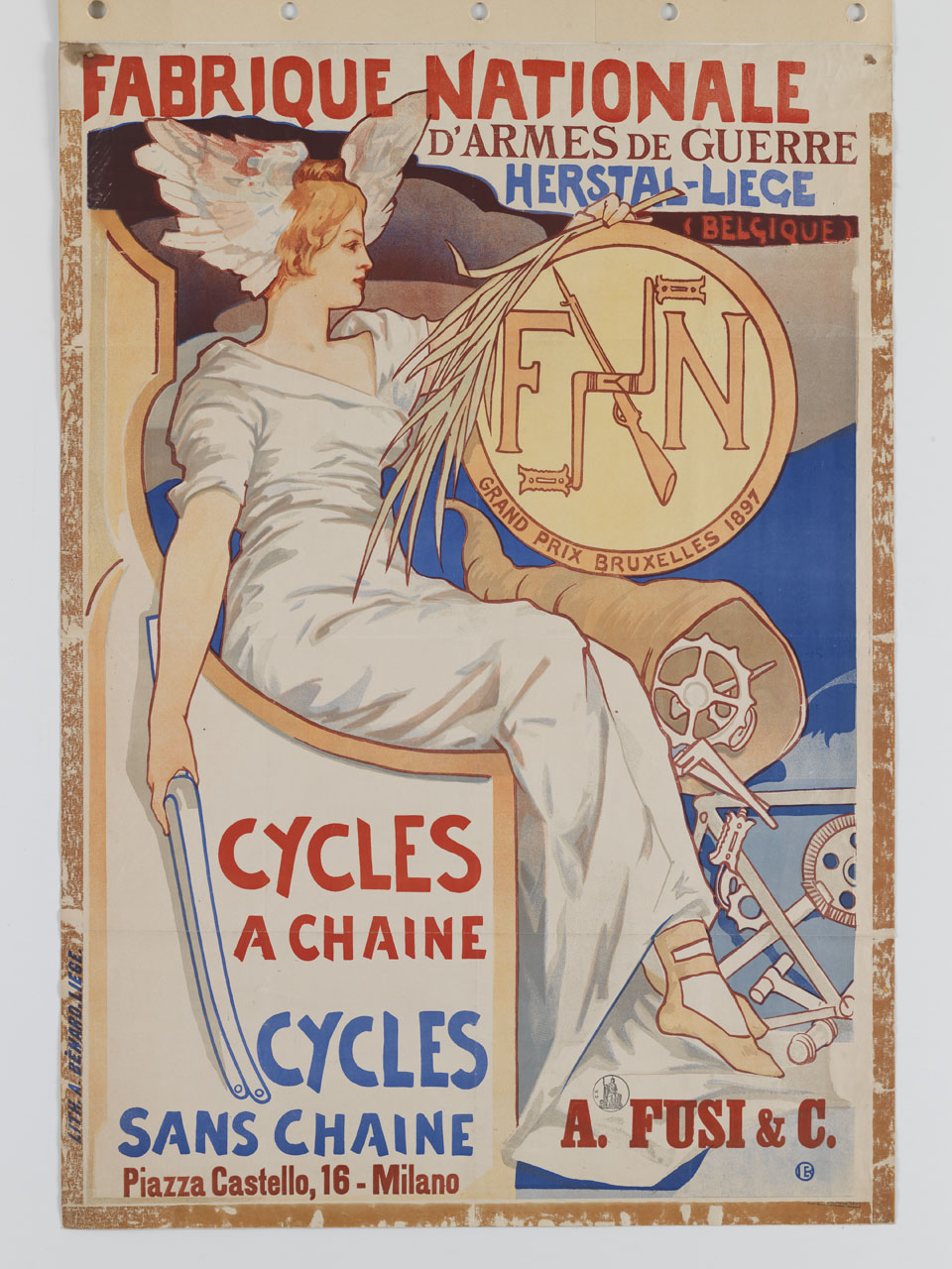 allegoria della vittoria seduta in trono con forcella di bicicletta in mano (manifesto) di Berchmans Émile (junior) (sec. XIX)