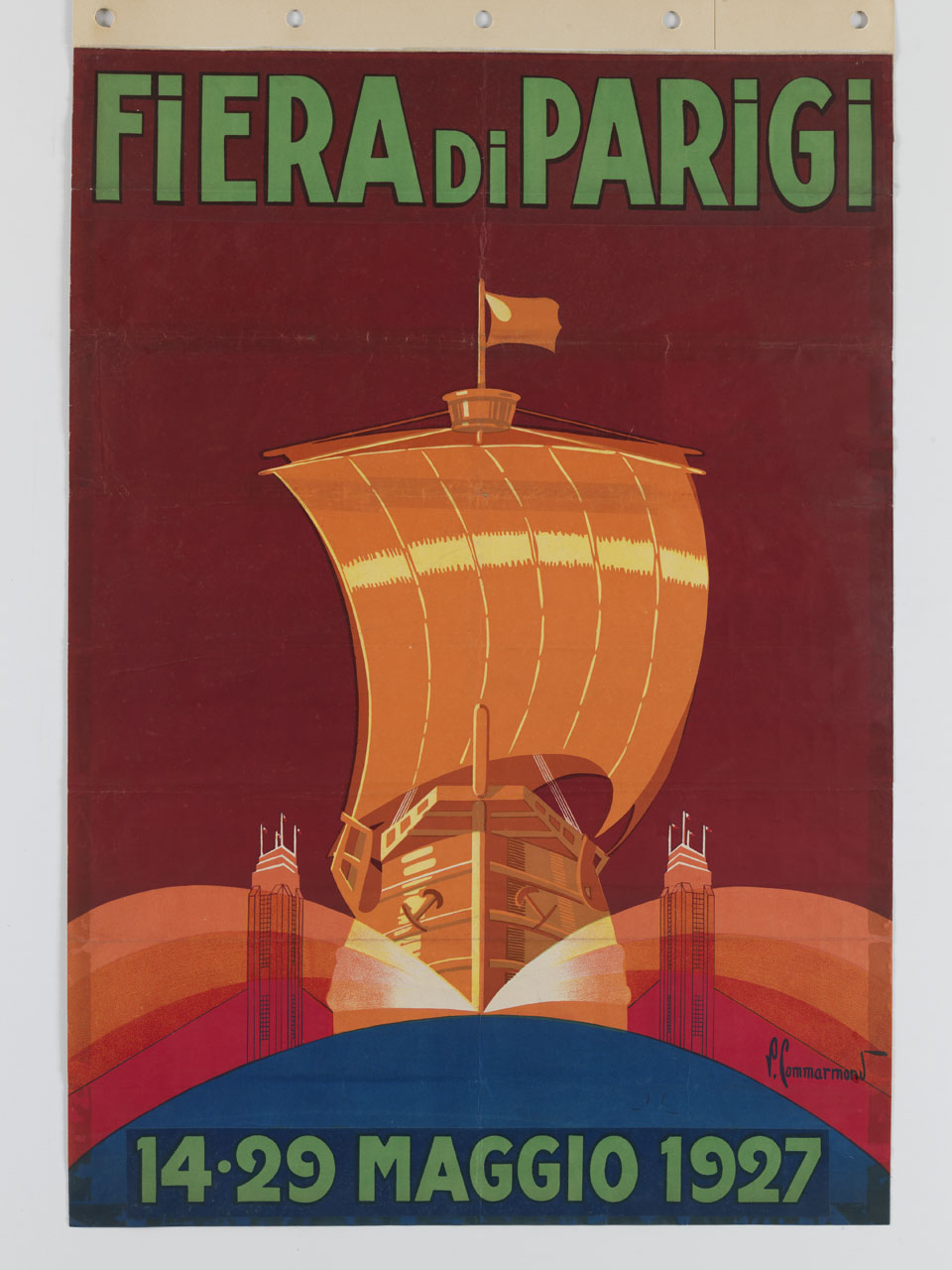 nave con vela di trinchetto spiegata naviga tra due alte torri (manifesto) di Commarmond Pierre (sec. XX)