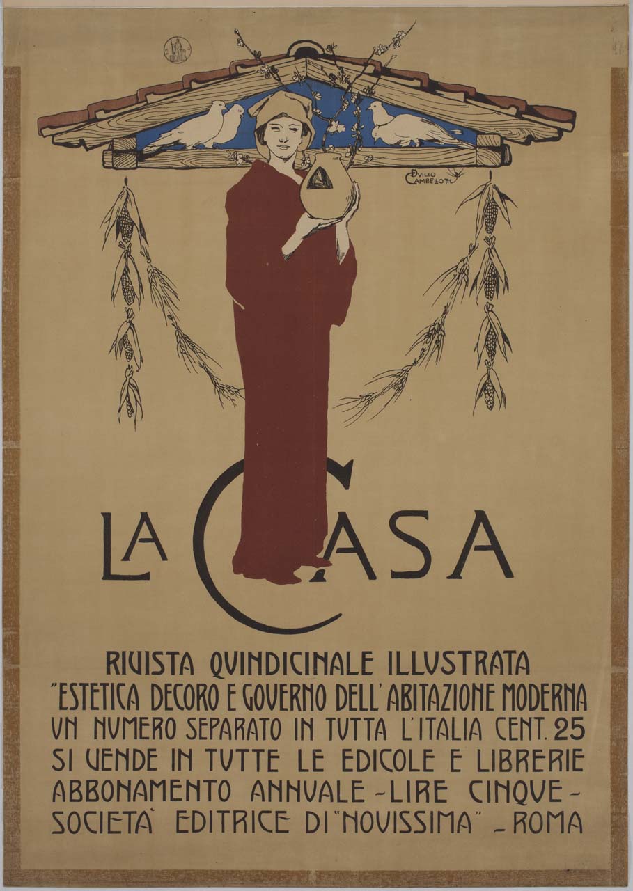donna in piedi sotto un tetto con colombi tiene tra le mani un vaso da cui escono rami fioriti (manifesto) di Cambellotti Duilio (sec. XX)