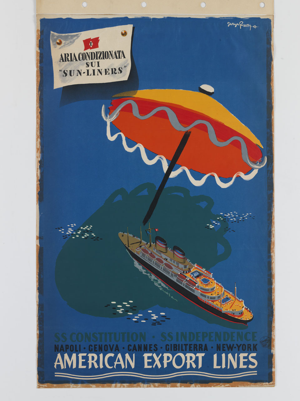 grande ombrellone piantato in mare fa ombra a un transatlantico in navigazione (manifesto) di Renevey Georges (sec. XX)