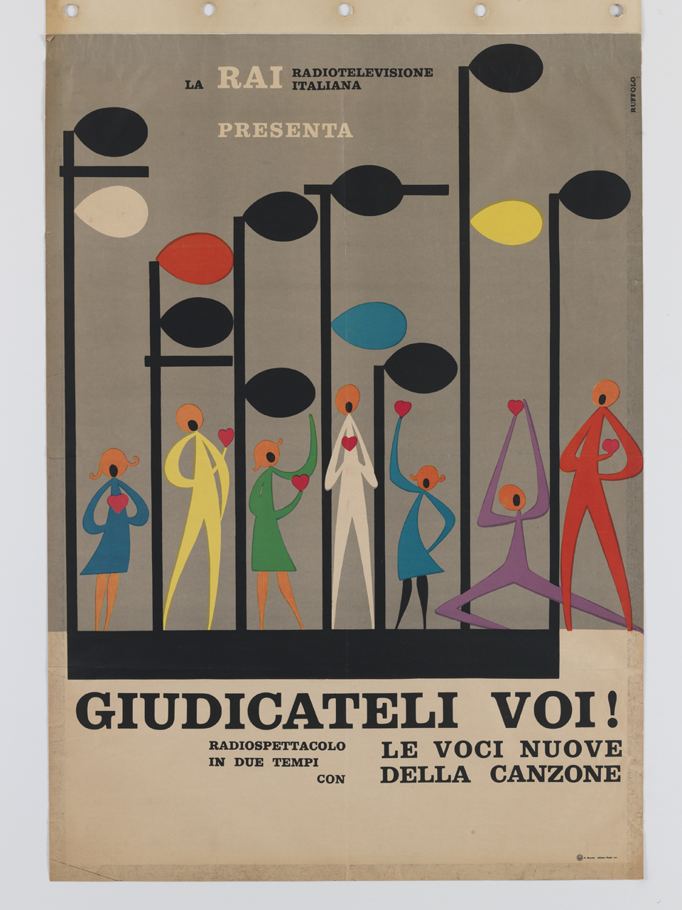 figure umane colorate cantano sotto riflettori (manifesto) di Ruffolo Sergio (sec. XX)