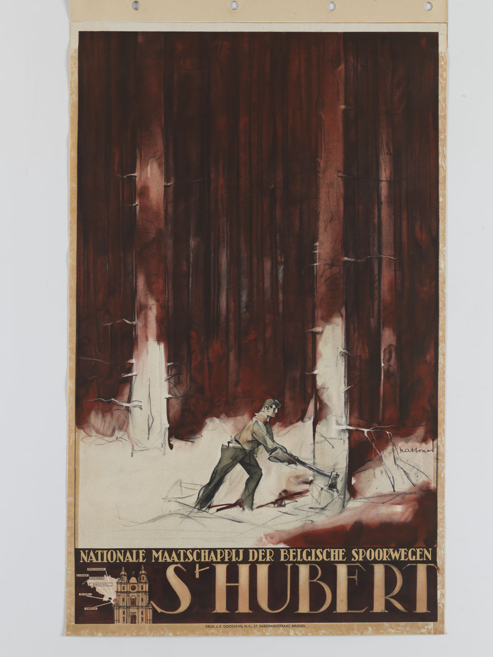 boscaiolo abbatte un albero in mezzo al bosco (manifesto) di Massonet Armand (sec. XX)