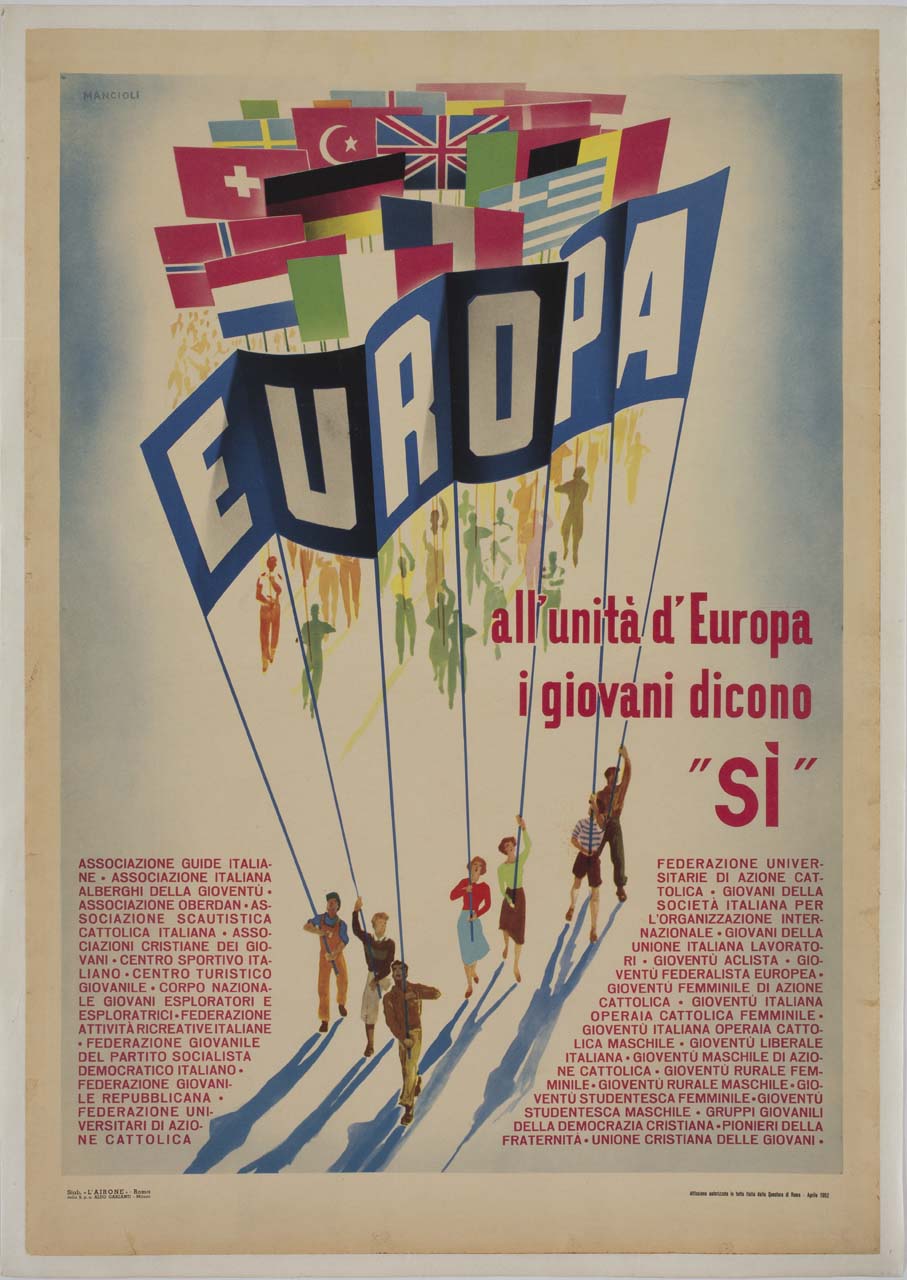 sette giovani reggono uno striscione davanti a molte bandiere internazionali (manifesto) di Mancioli Corrado (sec. XX)