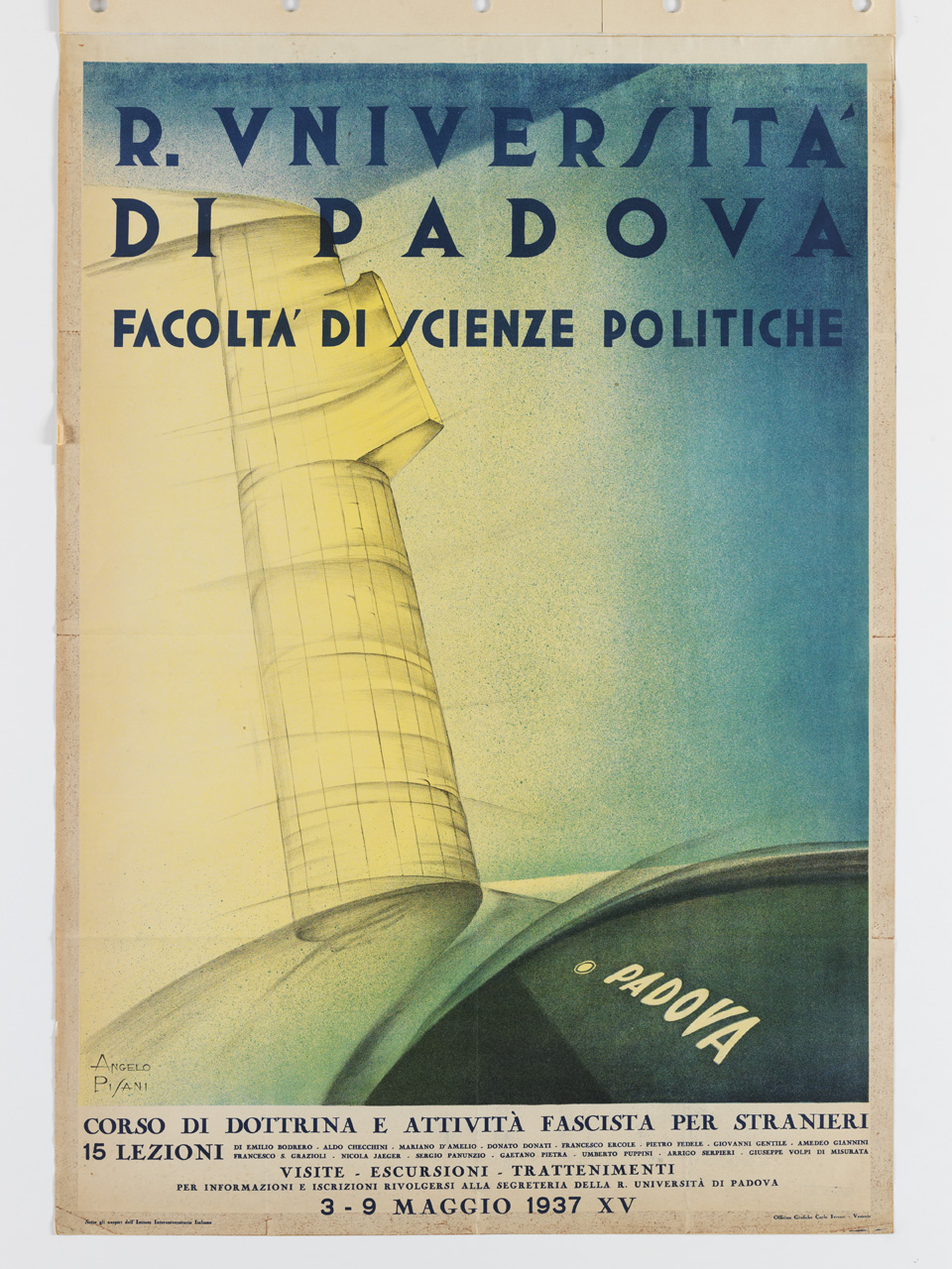 fascio littorio in ambientazione futurista (manifesto) di Pisani Angelo (sec. XX)