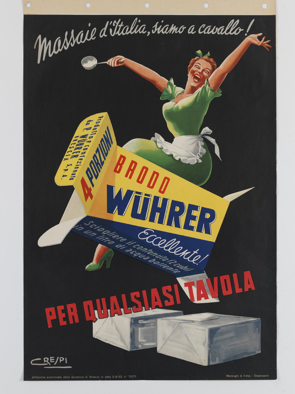 massaia seduta sopra una confezione di dadi da cucina (manifesto) di Crespi Luigi Daniele (sec. XX)