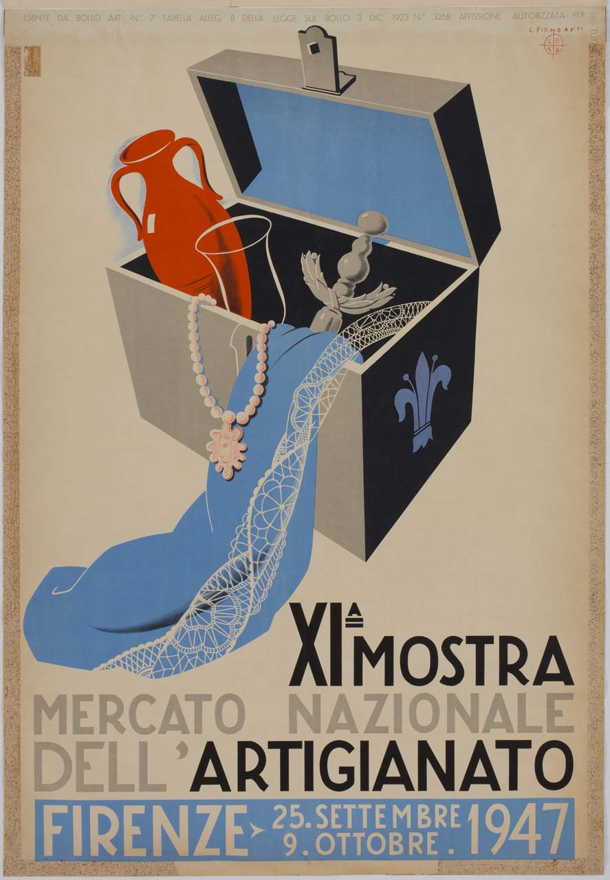baule aperto pieno di oggetti d'artigianato (manifesto) di Piombanti Ammannati Giuseppe (sec. XX)