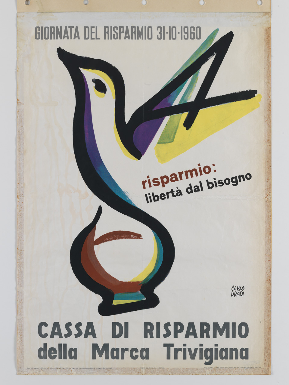 salvadanaio si trasforma in uccello ad ali spiegate (manifesto) di Dradi Carlo (sec. XX)