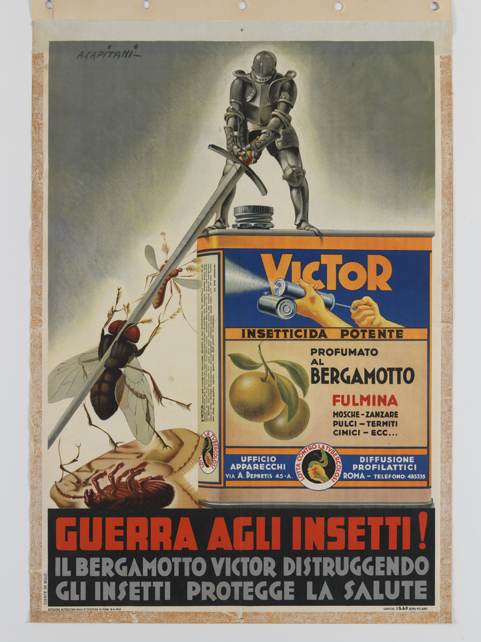 guerriero in armatura uccide insetti con una lunga spada (manifesto) di Capitani Alfredo (sec. XX)