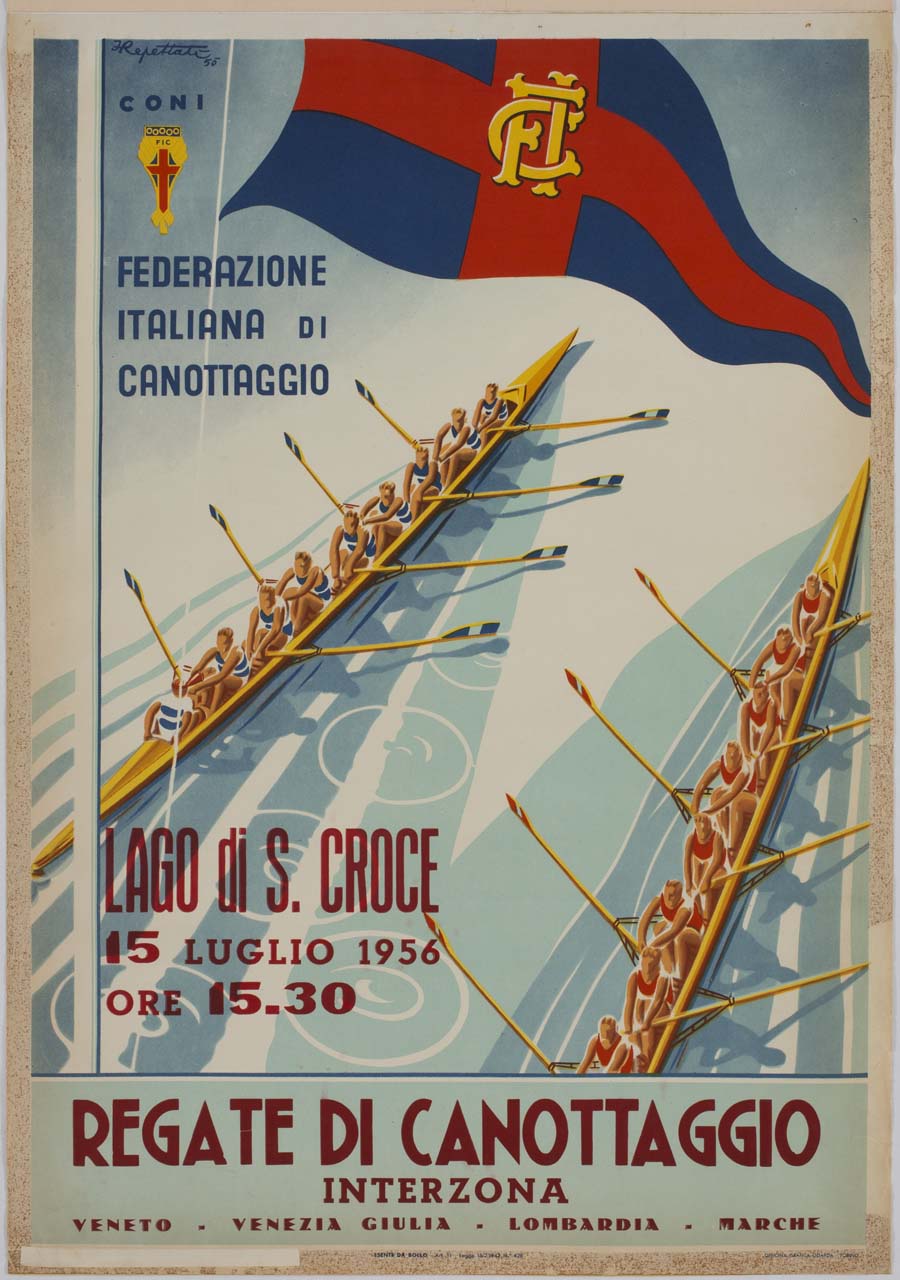 due canoe da otto e bandiera della Federazione Italiana di Canottaggio (manifesto) di Repettati Enrico (sec. XX)