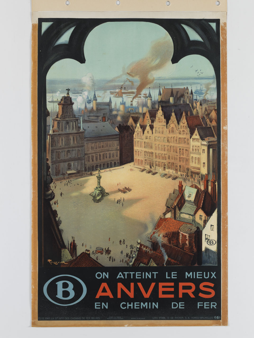 finestra gotica inquadra veduta della Grote Markt di Anversa con il porto (manifesto) di Toussaint Fernand (sec. XX)