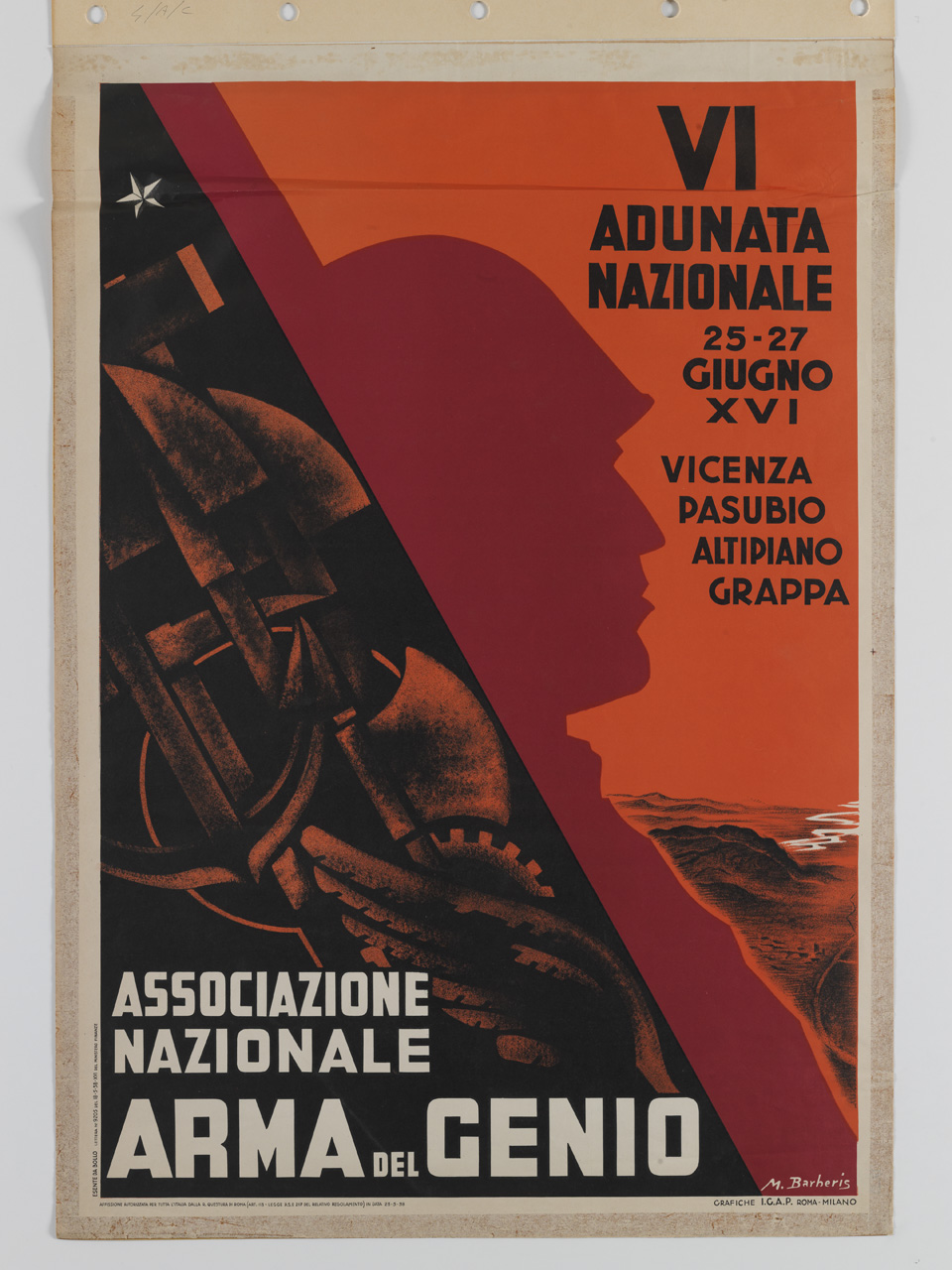 profilo di soldato e attrezzi da lavoro sullo sfondo di un paesaggio (manifesto) di Barberis Mario (sec. XX)