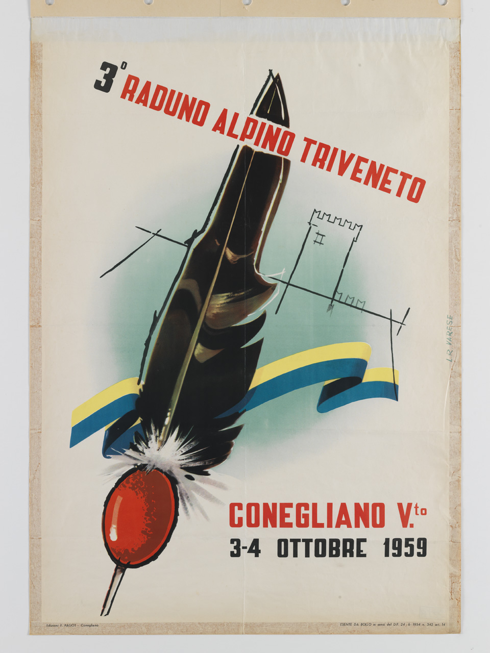 profilo del castello di Conegliano Veneto sullo sfondo di una penna alpina (manifesto) di Varese Renato (sec. XX)