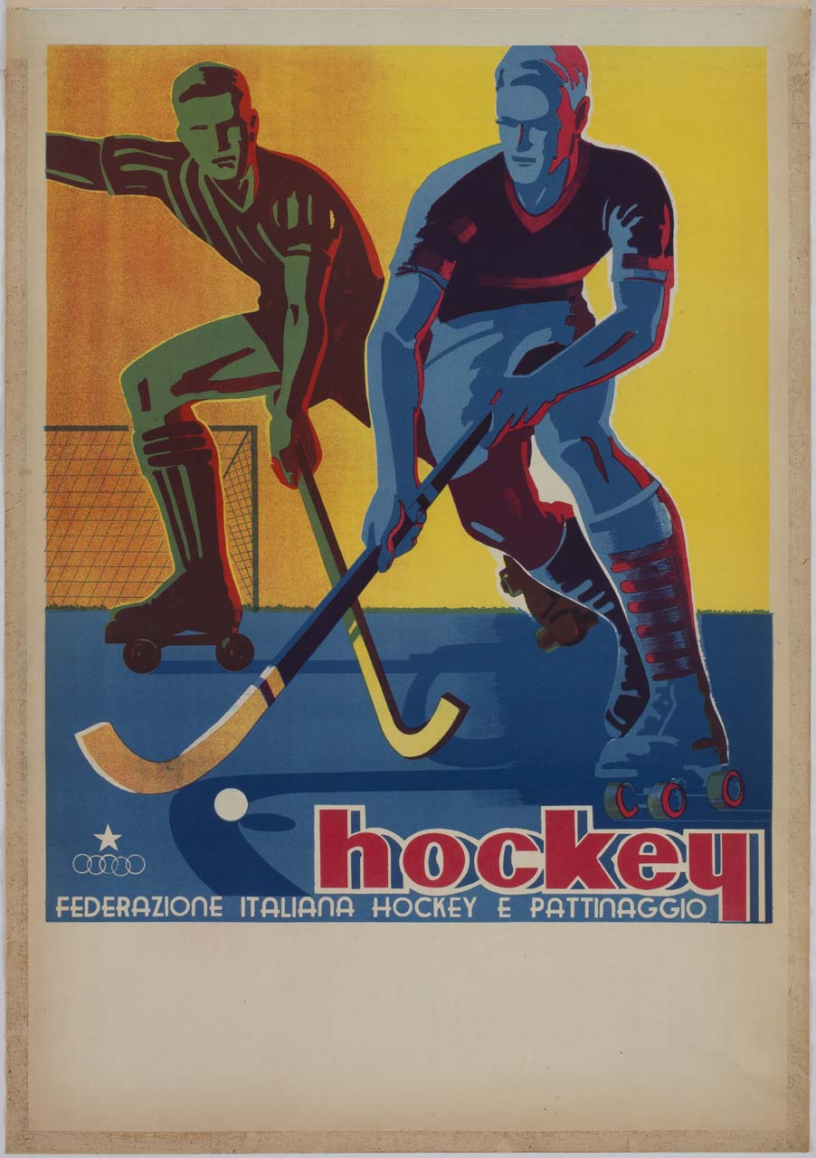 due giocatori di hockey su pista (manifesto) di Mancioli Corrado (sec. XX)