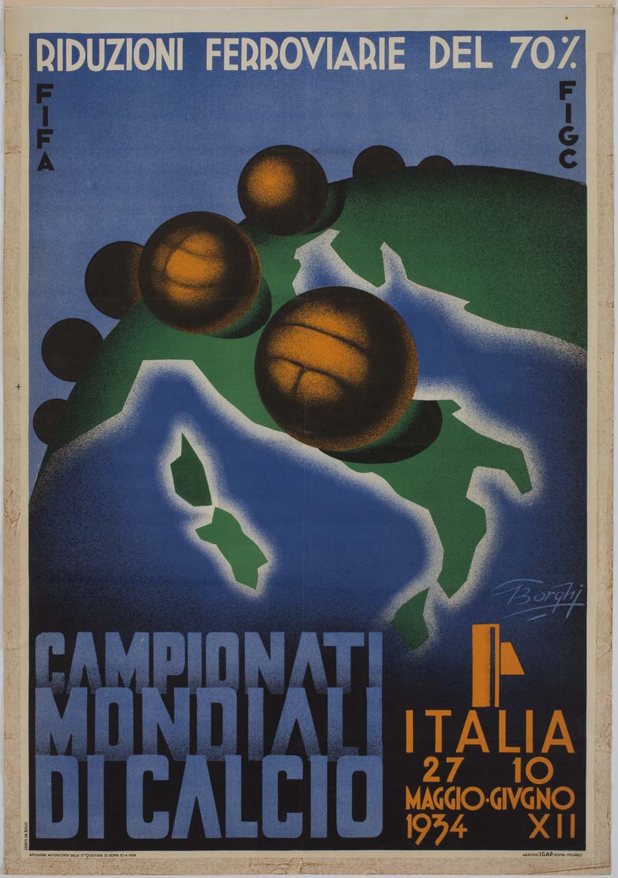 palloni da calcio posati sul Globo terrestre con l'Italia in primo piano (manifesto) di Borghi Giuseppe (sec. XX)
