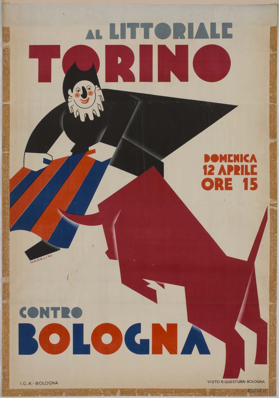 Balanzone affronta un toro come un torero in una corrida (manifesto) di Nadalini (sec. XX)