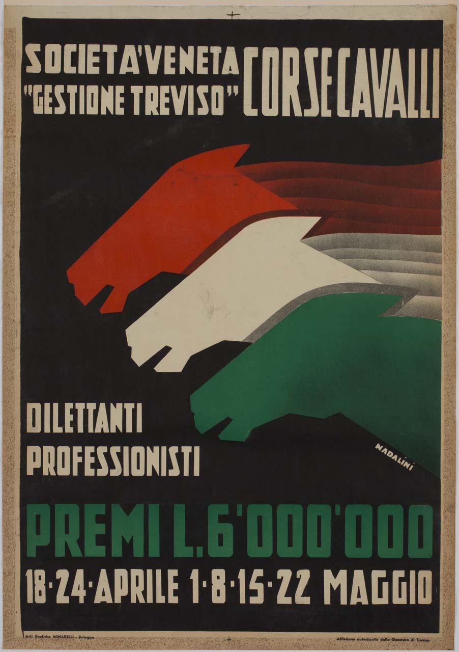 tre teste di cavalle formano un tricolore (manifesto) di Nadalini (secondo quarto sec. XX)