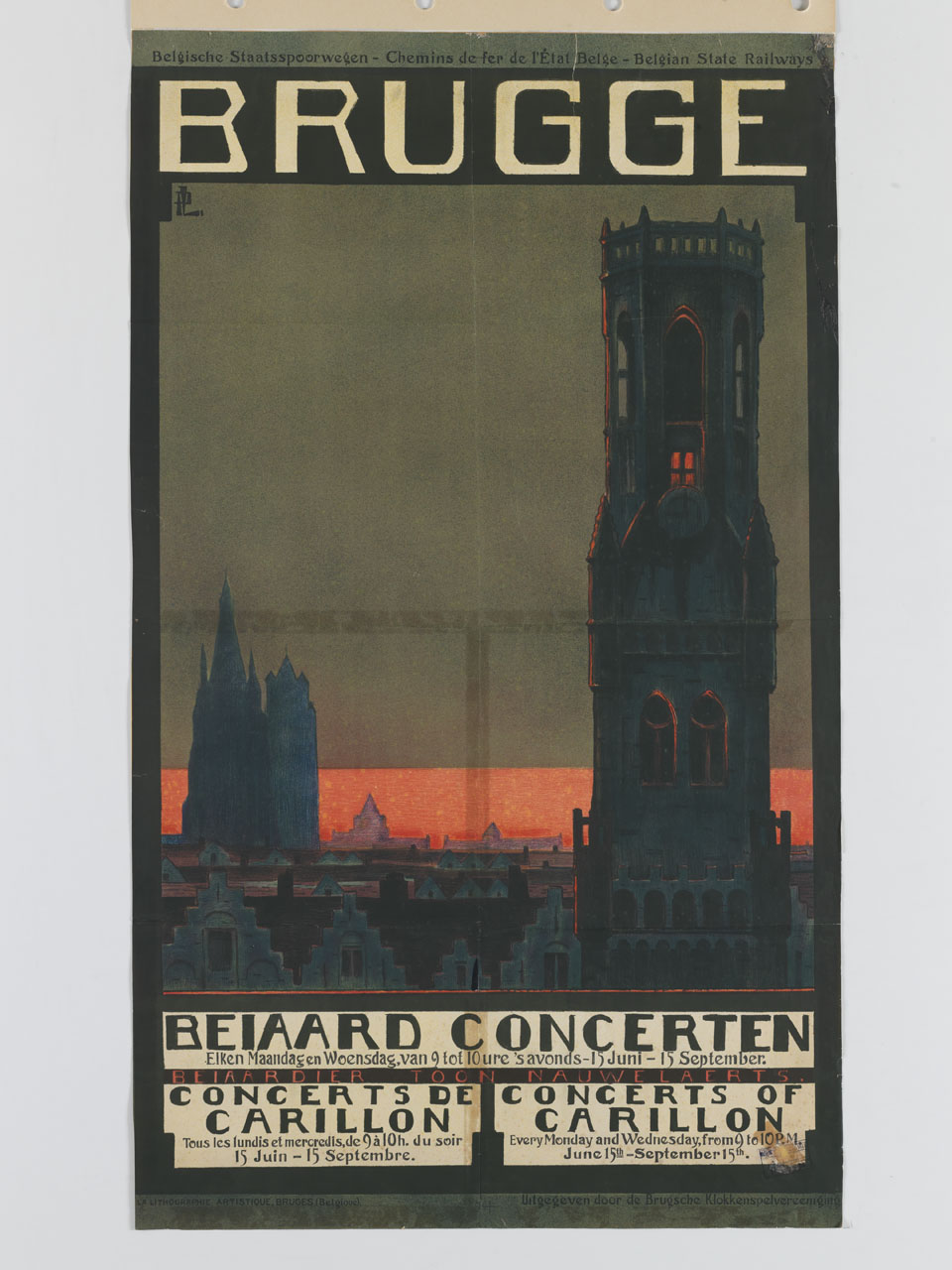veduta della città di Bruges con il Belfort e la chiesa di Notre-Dame (manifesto) di Reckelbus Louis Joseph (attribuito) (sec. XX)