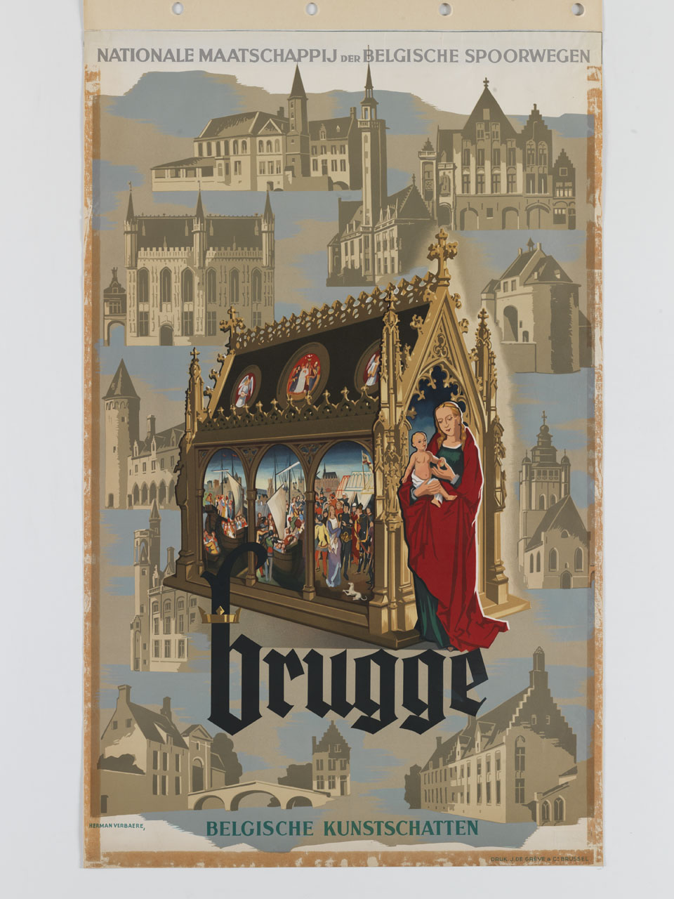 disegno con Reliquiario di sant'Orsola di Hans Memling e monumenti di Bruges sullo sfondo (manifesto) di Verbaere Herman (sec. XX)