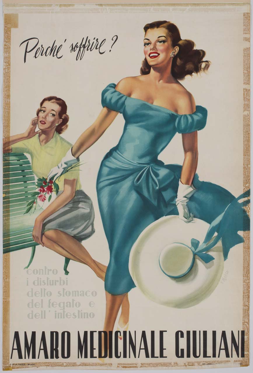 donna con fiori e cappello in mano passeggia felice davanti a donna sofferente seduta su una panchina (manifesto) di Mosca Franco (sec. XX)