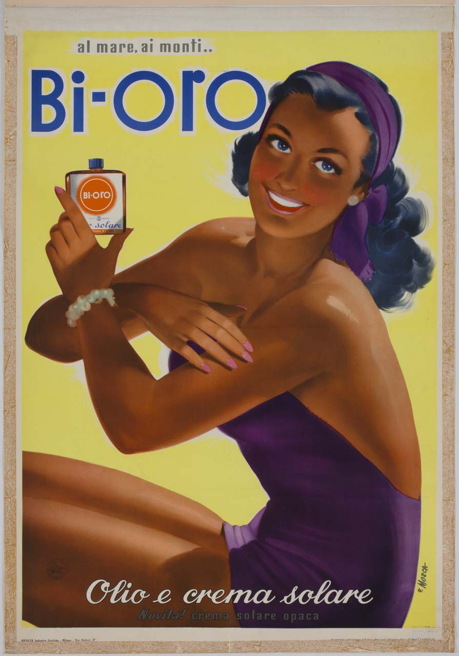 donna in costume da bagno si cosparge il braccio di olio solare (manifesto) di Mosca Franco (sec. XX)