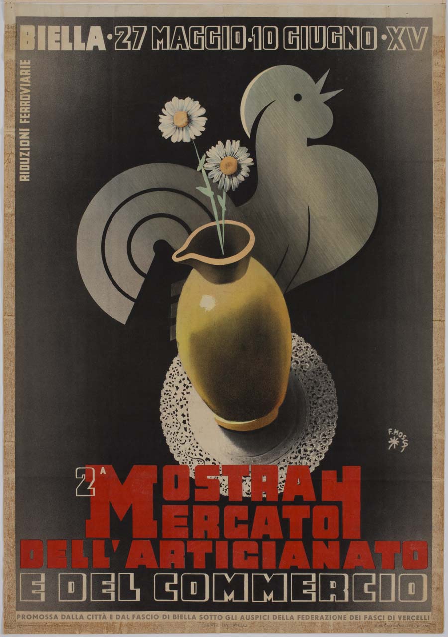 vaso con due margherite sullo sfondo di un gallo stilizzato (manifesto) di Mosca Franco (sec. XX)