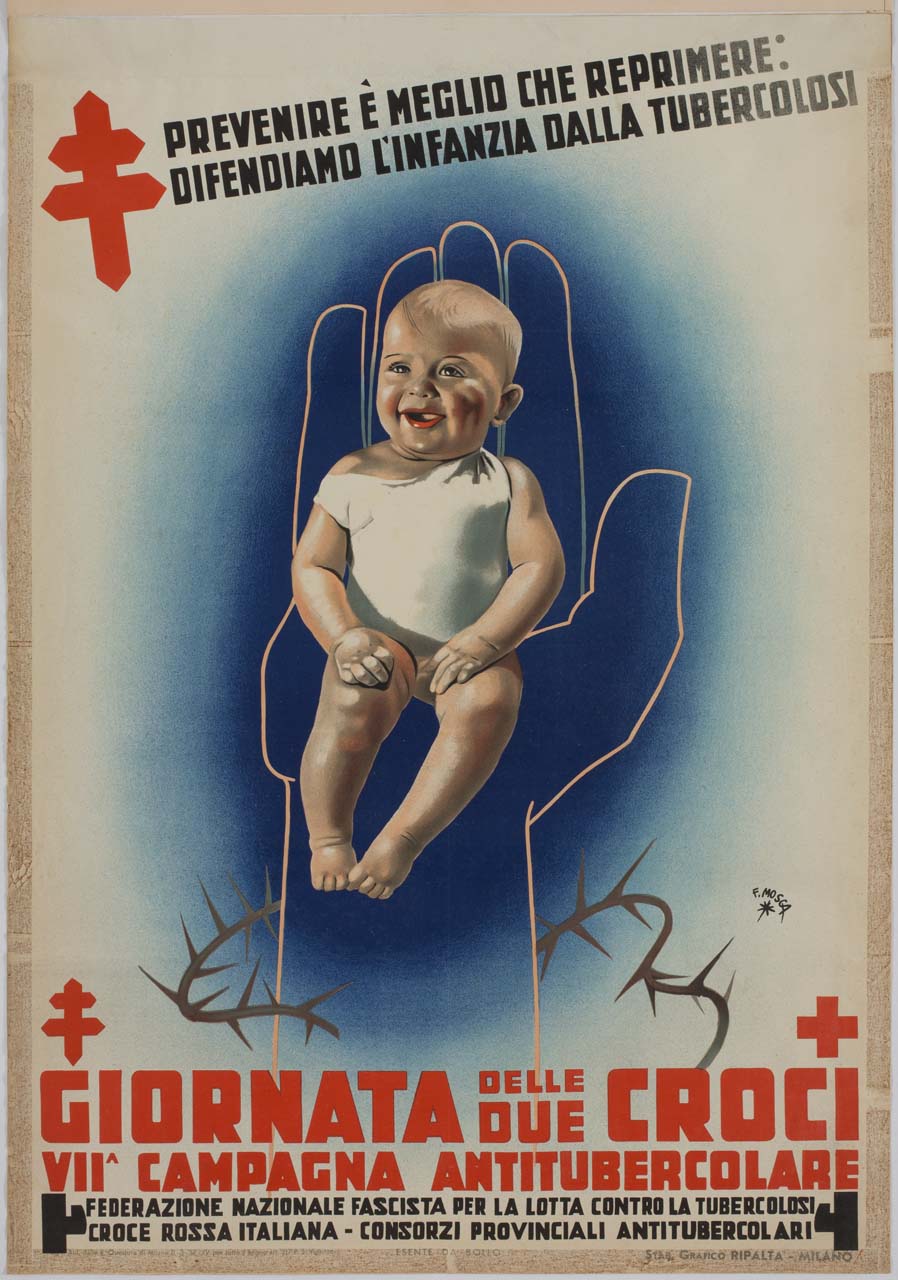 neonato su un palmo di una mano che ha spezzato una corona di spine (manifesto) di Mosca Franco (sec. XX)