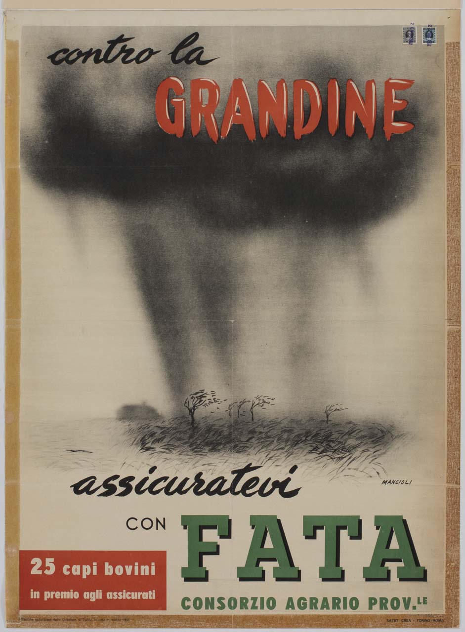 campo di grano con alberi sferzato dalla grandine che piove da un nuvolone nero (manifesto) di Mancioli Corrado (sec. XX)