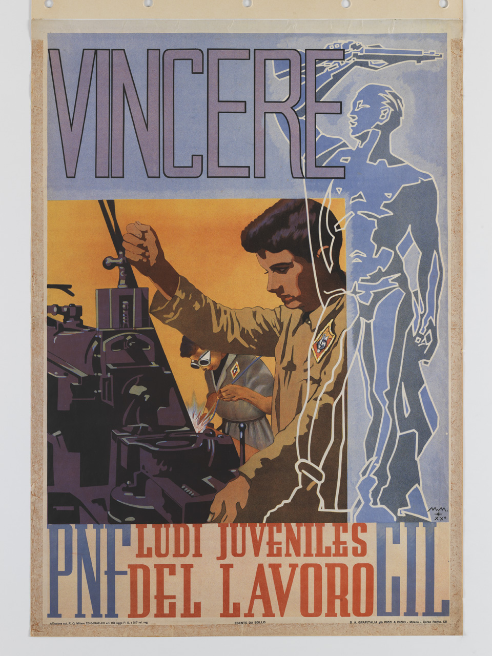 ragazzi al lavoro su un macchinario industriale con scultura virile sullo sfondo (manifesto) - ambito italiano (sec. XX)