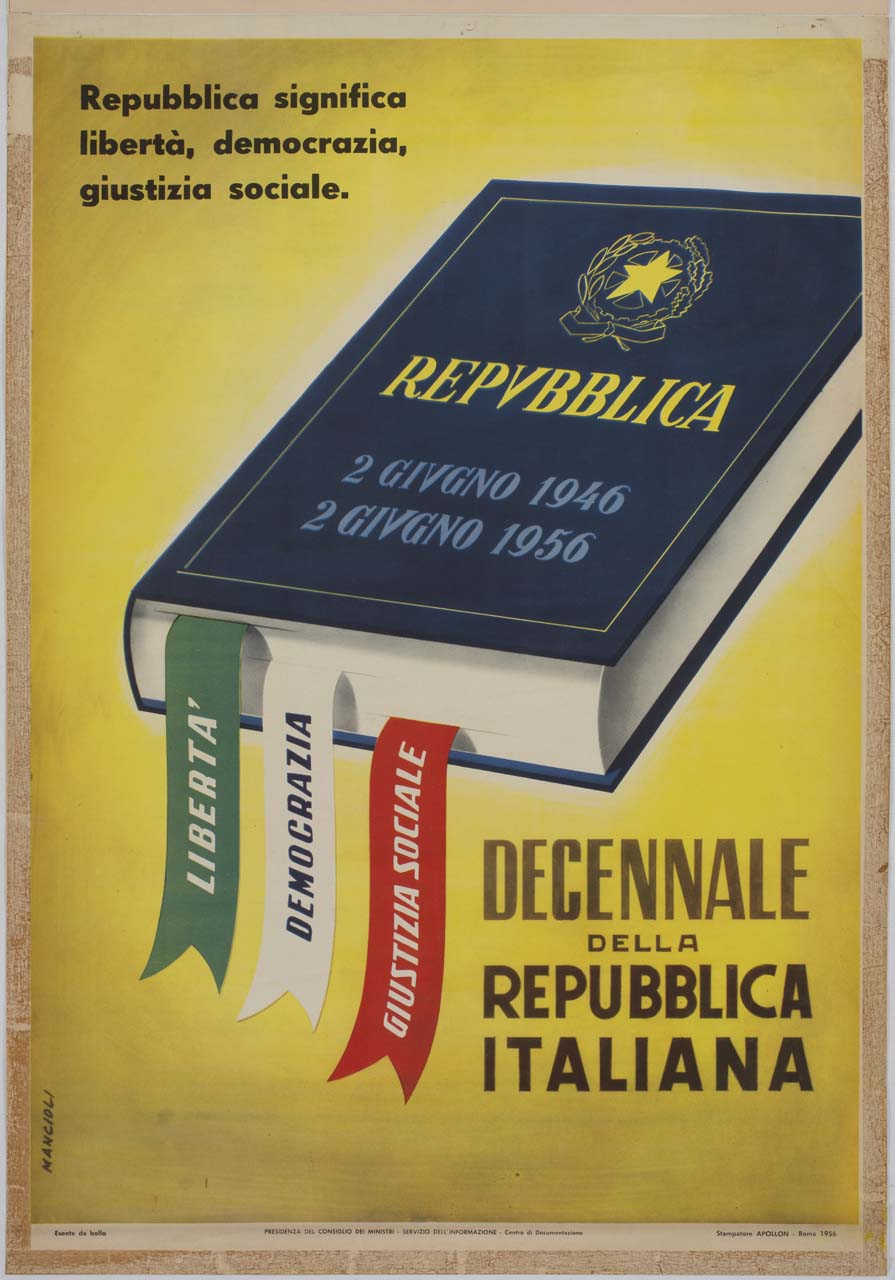 volume con tre nastri segnalibro che formano un tricolore (manifesto) di Mancioli Corrado (sec. XX)