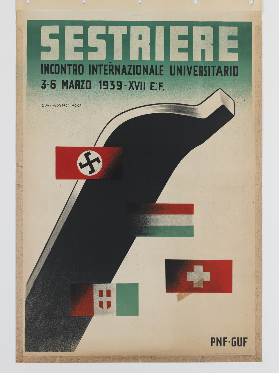 sci circondato dalle bandiere tedesca, ungherese, svizzera e italiana (manifesto) di Chiaudrero Domenico (sec. XX)