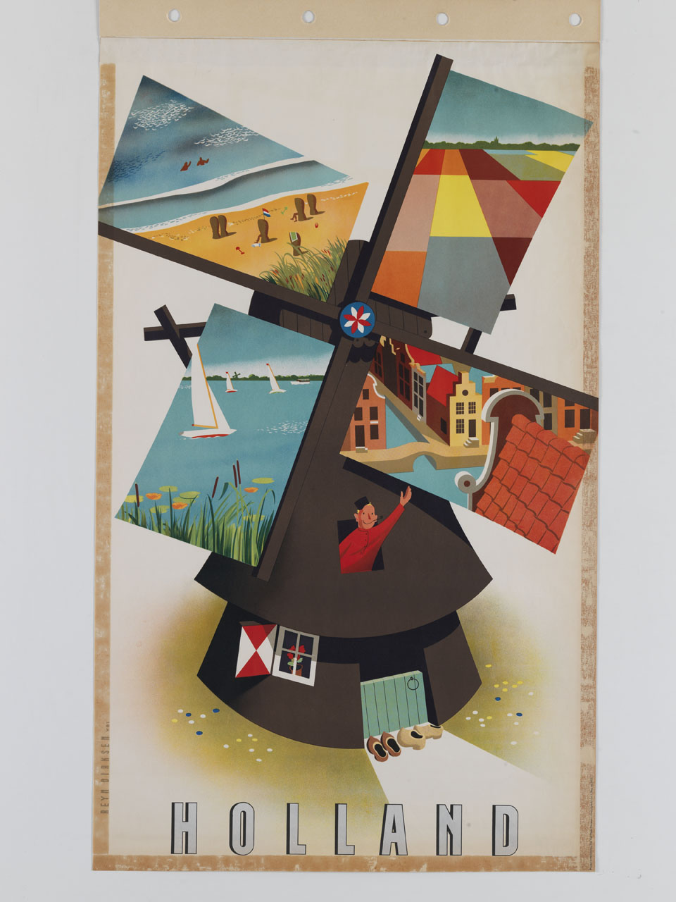 uomo si affaccia sorridente dalla finestra di un mulino a vento indicando le pale illustrate con le bellezze turistiche dell'Olanda (manifesto) di Dirksen Reyn (sec. XX)