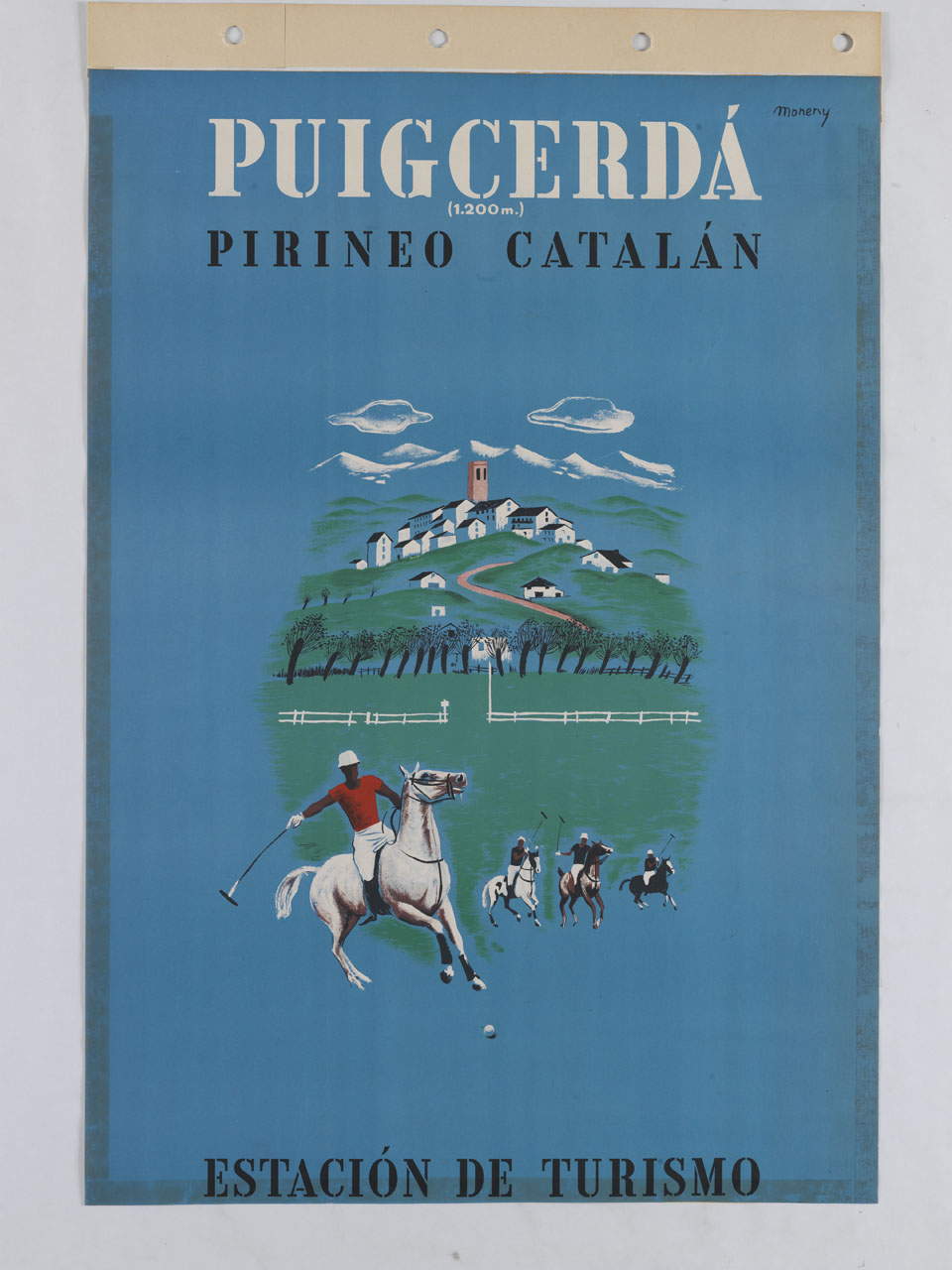 partita a polo sullo sfondo villaggio di collina (manifesto) di Moneny i Noguera Enric (sec. XX)