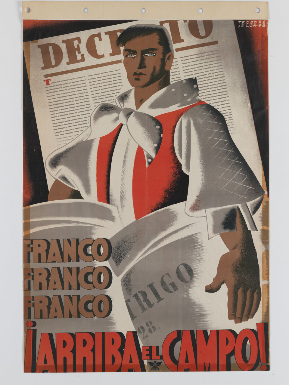 contadino con fazzoletto al collo e due sacchi a fianco (manifesto) di Delgado Teodoro (sec. XX)