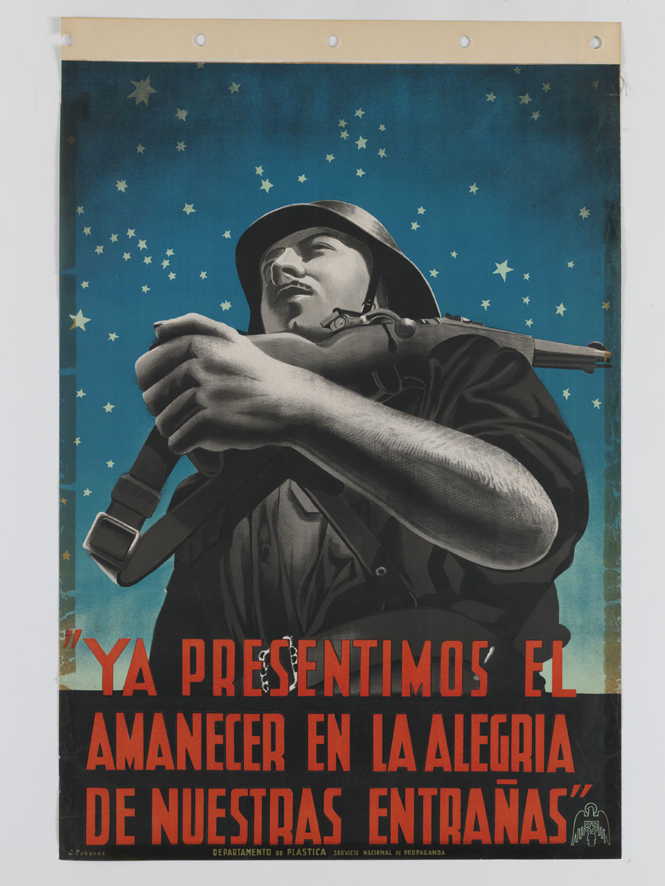 soldato delle truppe nazionaliste spagnole in marcia sotto le stelle con fucile in spalla (manifesto) di Cabanas Erauski Juan (sec. XX)