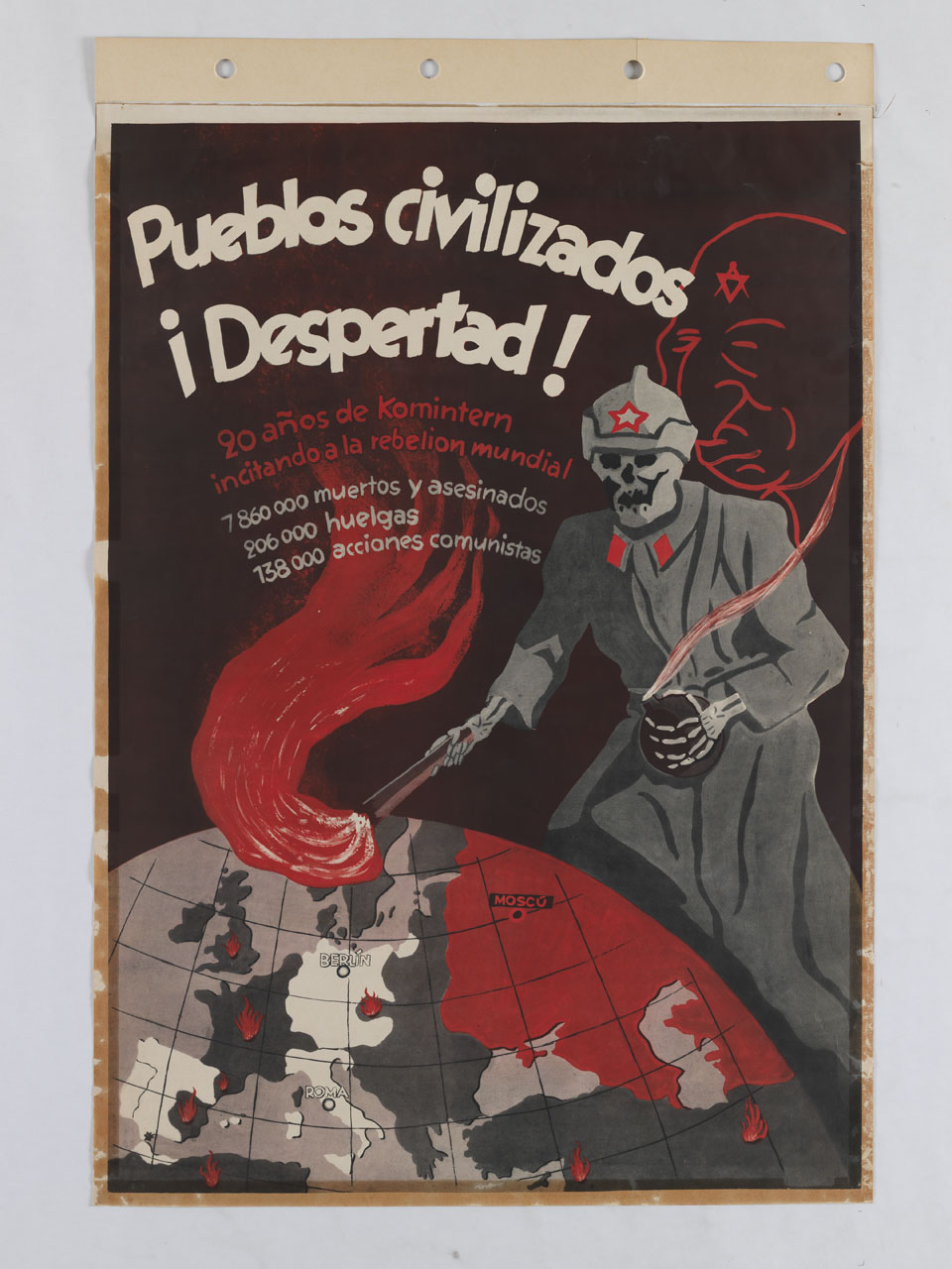 scheletro in divisa militare dell'esercito sovietico incendia l'Europa mentre dalla miccia esce la sagoma di un ebreo (manifesto) - ambito spagnolo (sec. XX)