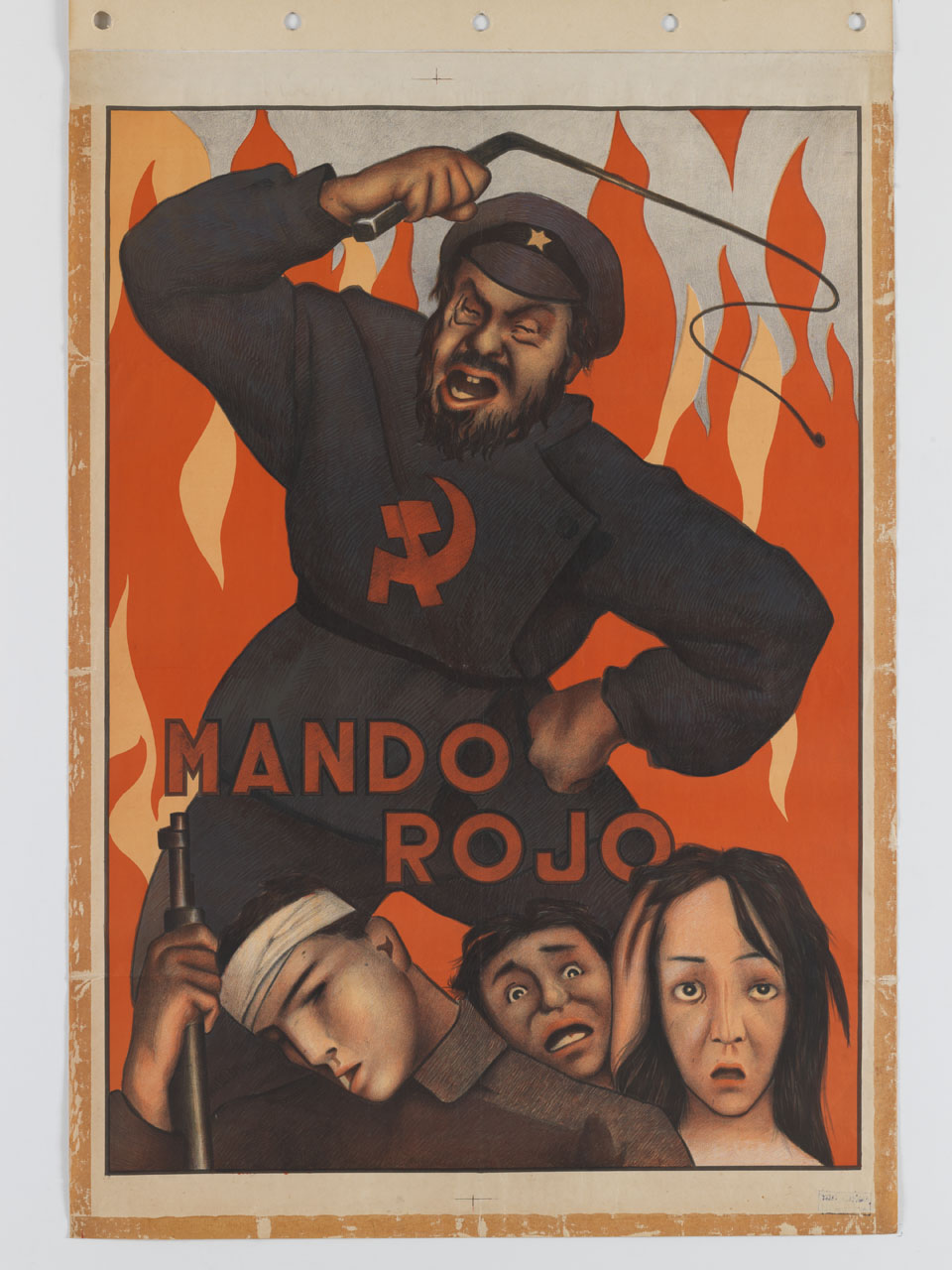 soldato dell'esercito sovietico minaccia con una frusta un soldato e due ragazzi (manifesto) - ambito spagnolo (sec. XX)